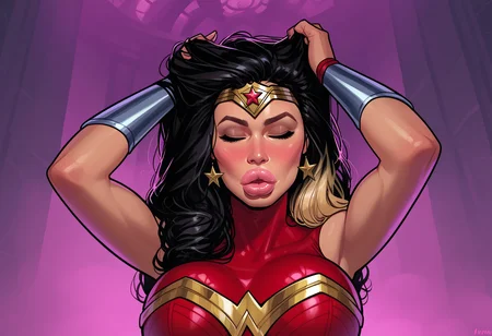 masterpiece,best quality, highly detailed, score_9, score_8_up, score_7_up, score_6_up, score_5_up, score_4_up, Expressiveh, ((solo)), standing, temple, indoors, face focus, portrait, 
1girl, wonder woman, multicolored hair, blonde hair, black hair, superhero costume, aroused, blush, moaning, pink fog, thick fog, ((thick lips, puffy lips, bimbo lips)), hands in hair, 
<lora:Expressive_H:0.65> <lora:Meinfischer:0.5>  <lora:incase-ilff-v3-4:0.5>  <lora:Smooth Style 2 SDXL_LoRA_Pony Diffusion V6 XL:0.25>  <lora:Implants2:1>
