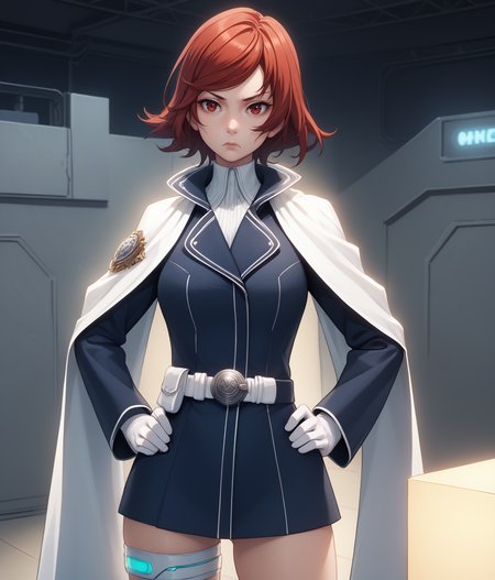 score_9, score_8, score_7, cowboy shot, 1girl,  <lora:Himeno_Akatsuki_PXL_r1:1> himeno_akatsuki, red hair, short hair, military uniform, white cape, white gloves, standing, hands on hips, serious expression, furrowed brow BREAK indoors, sci-fi, white ceilings, white floor, artificial lighting