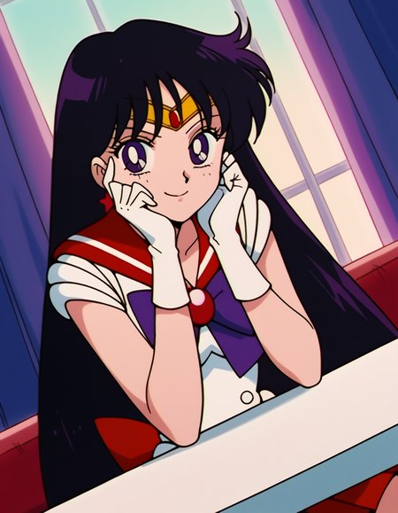 score_9, score_8_up, score_7_up, source_anime, <lora:rei-hino-s3-ponyxl-lora-nochekaiser:1>, rei hino, black hair, diadem, long hair, purple eyes, parted bangs,, gloves, magical girl, microskirt, pleated skirt, red skirt, sailor senshi uniform, skirt, white gloves, bow, purple bow, sailor collar, red sailor collar,, indoors, smile, looking at viewer, solo, sitting, head rest, table,, cowboy shot, dutch angle