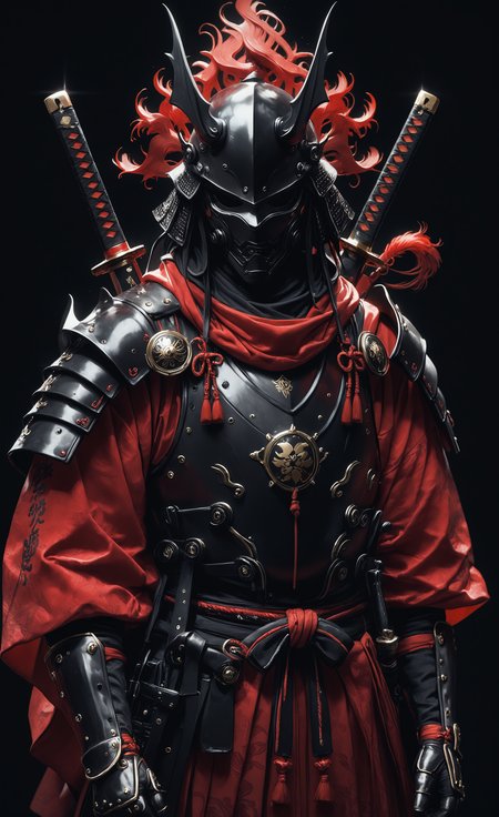masterpiece, best quality, good quality, newest, highres, absurdres, solo, 1boy, upper body, monochrome, male focus, weapon, sword, armor, helmet, black background, katana, shoulder armor, 1other, facing viewer, gauntlets, pauldrons, japanese armor, red theme, weapon on back, full armor, samurai, kabuto \(helmet\), Ethereal Brushstroke <lora:illustriousXL_stabilizer_v1.23:0.3> <lora:NOOB_vp1_detailer_by_volnovik_v1:0.3> <lora:ponyv6_noobE11_2_adamW-000017:0.45> <lora:Illustrious:0.15> <lora:WSSKX_WAI:0.7> <lora:-_iLL_-_the_edgy_mech_V2.0-:0.7> <lora:zy_illustrious_Realism_Enhancer_v1:0.5>