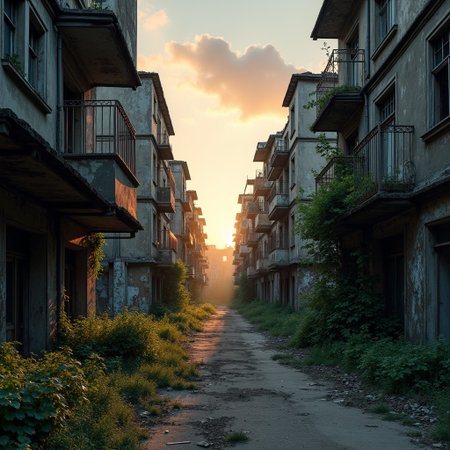 Crumbling buildings dominate an abandoned cityscape, 
overtaken by nature, 
as the sun sets casting play of deep shadows accentuating the ruins, 
faded storefronts, 
intertwining vegetation, 
absence of human life, 
warm glow of twilight, 
enveloping silence, 
texture of decay, 
urban decay storytelling, 
cinematic, 
dramatic lighting, 
ultra fine details.