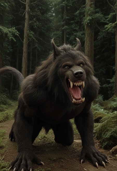 score 9, score 8, score 7, score 6, 1boy, furry male, solo, black fur, animal ears, yellow eyes, sharp teeth, claws, werewolf on down on all paws with tail in the air, (wagging tail, trying to look friendly), forest