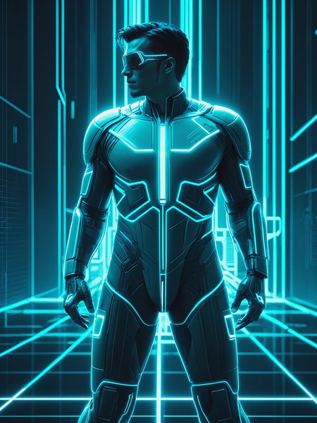 mad-cyberspace, man, teal glowing outlines, teal coloring, dynamic pose, grid, cyberpunk, 1980s, retro, scifi, cityscape<lora:Neon_Cyberpunk_Cyberspace_SDXL_v2:0.8>, raw photo, film grain, (photorealistic, realistic:1.2), deep shadow,  8k, uhd, dslr, ultra high res