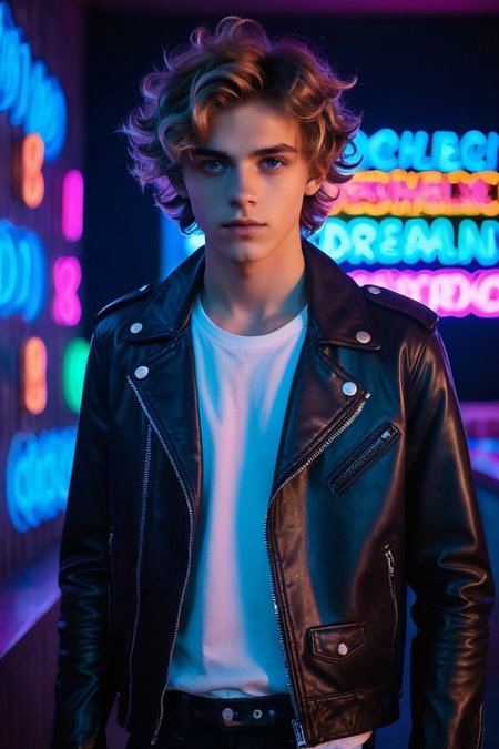 19yo (psychedelic dreamland:1.4) skinny male model twink (candyland:1.4), pink, wild hair, smooth, open leather jacket, slim waist, (neon lighting:1.1), light-blue-eyes, (Chiaroscuro, Filmgrain, Cinematic LUT), <lora:sdxl_lightning_8step_lora:1>