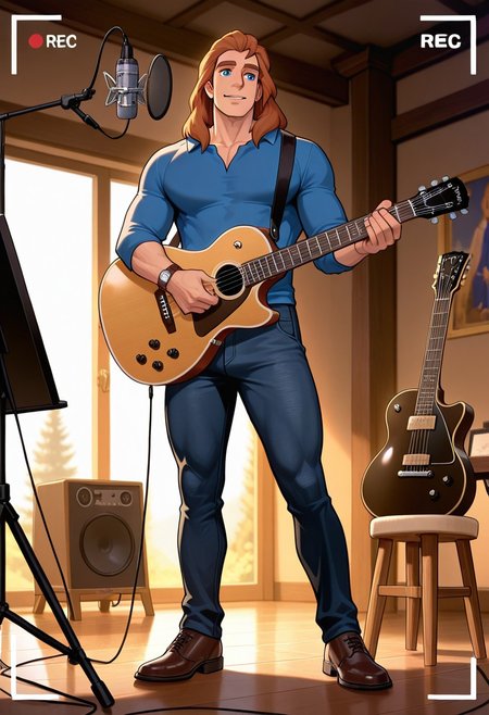 masterpiece,best quality,amazing quality,very aesthetic,absurdres,newest, huge filesize, Prince_Adam_BTB, 1man male focus, solo, auburn hair, blue eyes, lean and athletic, mature,  long hair, strong, long legs, tall, manly, masculine, classy, artistic, relaxed look, small smile,  dark recording studio,  henley shirt, dark denim jeans, wristwatch, brogue shoes, singing into a recording microphone,  Microphone, pop filter, microphone stand, headphones, acoustic foam panels, soundproofing materials, music stand (optional), small monitor or talkback system, and sometimes a stool or chair, dark surrounding,  playing les Paul electric guitar