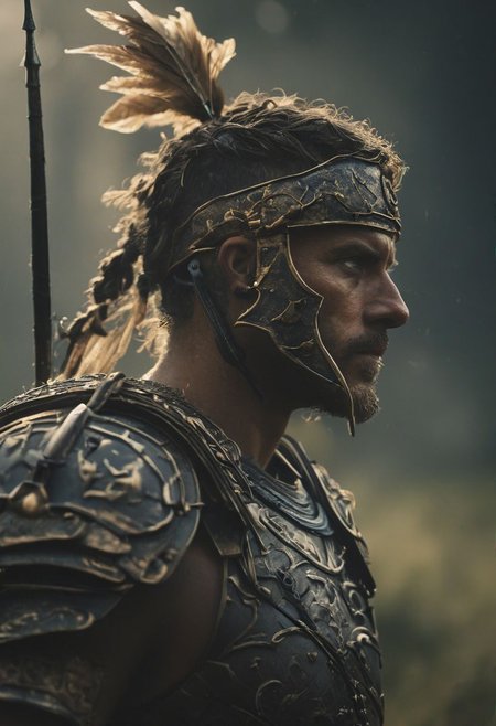 Side View of a Roman Warrior pierced By a spear, Overgrown, mystic, ethereal, darkness, 
atmospheric haze, Film grain, cinematic film still, shallow depth of field, highly detailed, high budget, cinemascope, moody, epic, OverallDetail, 2000s vintage RAW photo, photorealistic, candid camera, color graded cinematic, eye catchlights, atmospheric lighting, imperfections, natural, shallow dof