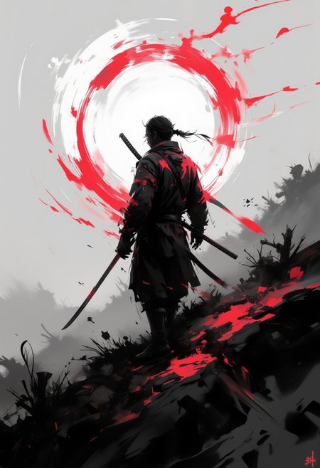 aidmaimageupgrader, samurai, hill, back view, katana, sword, shadow, silhouette, black and white, monochrome, red accents, dramatic lighting, atmospheric, foggy background, japanese culture, minimalist, moody, contrast, sunset glow, isolated figure, reflective pose,pscho_4rt