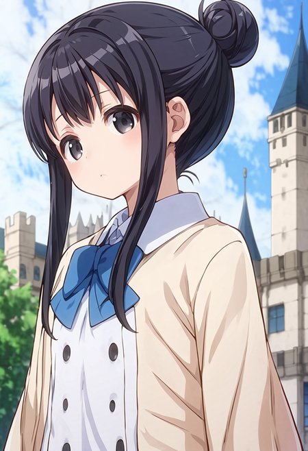 score_9, score_8_up, score_7_up, source_anime,  <lora:lowres_concept_ponyXL_v1:-0.3>
BREAK,
<lora:annaka_moe_PonyXL_v1-000015:1> annaka moe, single hair bun, long hair, black hair, black eyes, 
1girl, solo, 
Giggling,
blush_stickers ,
head_tilt standing 
pale vermilion wide sleeves frilled shirt, sleeves past wrists orange __bottoms__ , 
upper body, looking back, From a Distance, Castle with Towers bokeh, depth of field,