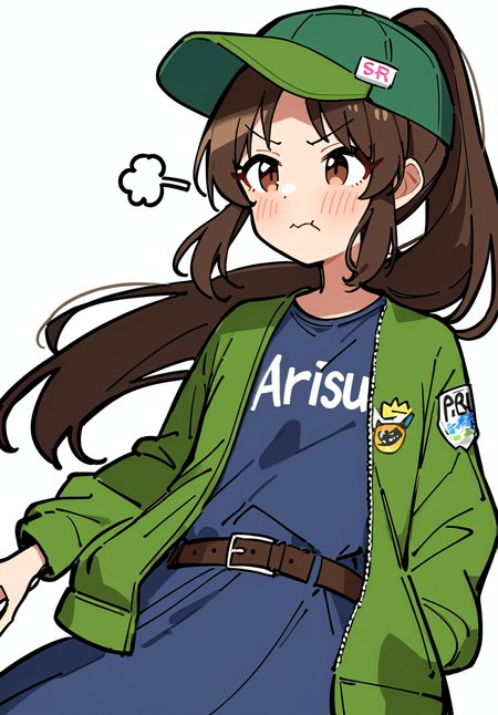 1girl, 
tachibana arisu, idolmaster, 
standing, brown eyes, clothes writing, hat, v-shaped eyebrows, solo, dress, long sleeves, puff of air, name tag, hands in pockets, blue dress, character name, baseball cap, blush, jagariko, parted bangs, sneer, simple background, looking to the side, ponytail, long hair, cowboy shot, belt, closed mouth, white background, brown hair, :s, casual, angry, green jacket, jacket, 
masterpiece, newest, absurdres, safe
 <lora:2080ti_ag31_tachibana_arisu-000007:1>