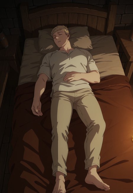 safe_pos, safe_pos, masterpiece, best quality, amazing quality, very aesthetic, absurdres, Dunmeshi_Laios, 
1boy, solo, male focus, blonde hair, short hair, sleeping, CasualLaois, alternate costume, White shirt, Beige pants, barefoot, lying, on bed, bedroom, tavern, dark, night, on back, perspective