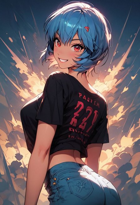 score_9,score_8_up,<lora:Kanzaki Hiro_XL_PONY:0.9>, pastel colors, high res image, masterpiece,  
1 girls,ayanami rei, blue hair,short hair,bangs,red eyes,breasts,highleg, enchanting eyeswide hips, perfect lighting, <lora:Takahiro Kimura:0.8>   
solo ,  large breasts, black t-shirt, jeans, from behind, looking back, looking at you, grin