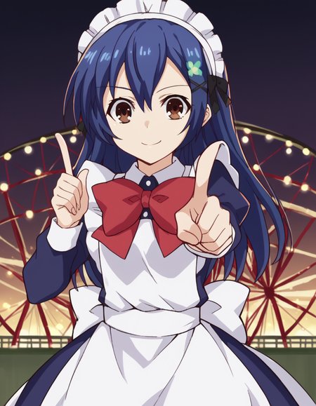 score_9, score_8_up, score_7_up, source_anime, <lora:shiori-itsuka-s2-ponyxl-lora-nochekaiser:1>, shiori itsuka, long hair, hair ornament, brown eyes, blue hair, hairclip, otoko no ko,, long sleeves, dress, bow, frills, bowtie, apron, red bow, maid, maid headdress, crossdressing, enmaided, ferris wheel, lights, high, view, rotating, smile, <lora:koi-dance-ponyxl-lora-nochekaiser:1>, koi dance, index finger raised, dancing, outstretched arm, pointing at viewer, pointing, pointing up,, looking at viewer, solo,, dutch angle, cowboy shot
