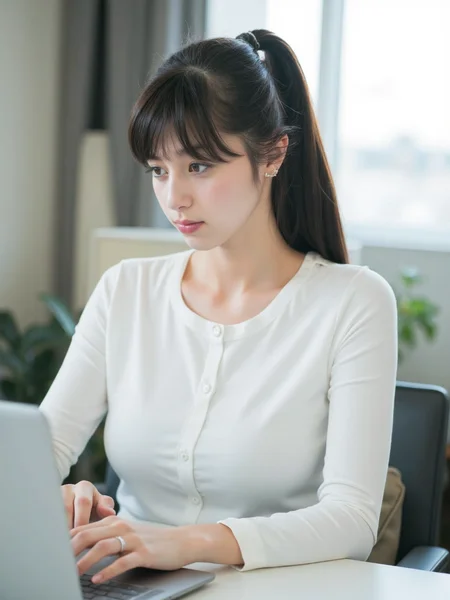 There are wonderful studio lights and various reflections,
18yo beautiful cute girl with blushing and female orgasm.skin naturally showing the texture of blood vessels and detailed pale skin,
--,
<lora:Nakajo_Ayami_f1:1>,she is Nakajo Ayami, --,This image depicts a young woman sitting at a table, focused on operating a laptop. She has long hair tied in a ponytail and is wearing a fitted white shirt that accentuates her bust, presenting a professional and capable image. The shirt's design is simple yet elegant, highlighting her professional demeanor and full bosom. The woman's hands are naturally placed on the keyboard, indicating that she is engaged in some work or study activity, and her posture reflects her concentration, giving a positive and upward impression. The desktop environment is relatively minimalistic, with almost no other clutter besides the laptop, showcasing a tidy and organized workspace that reduces visual distractions and helps her focus better.The use of light is also well-considered, with soft natural light streaming in through the window, creating a warm and comfortable working atmosphere that makes the entire scene more vibrant. This lighting adds a touch of ease to her work, possibly in a home or modern office setting. Overall, this image effectively conveys the image of a modern professional woman, reflecting her focus, professionalism, and confidence in her work, and showcasing the positive attitude and independent spirit of contemporary women in the workplace.