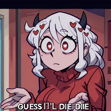 masterpiece, best quality, newest, absurdres, highres, anime, anime style, Gues-I'll-Die-IL.V1.0-Wth-text, text, English text, Gues I'll Die, Gues I'll Die text, 1girl, modeus_(helltaker), white hair,