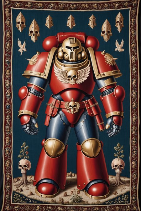 a space marine in power armor, red, a little bit of magic, medieval tapestry style, hyper realism, 1600s, ultra detailed, intricate detail, silk thread, wool thread, metal thread, visible stitching, complex background, <lora:Wolvie_Concept_Tapestry_SDXL_v1.2:1>