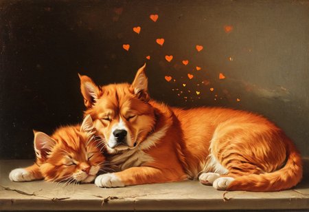 1dog, 1canine, (((big dog))), st. bernhard, no humans,
BREAK, 4cats, 4feline, (((kittens))), (((little orange kittens))),
BREAK, (((sleeping))),
BREAK, (((terrace))), (((summer))),
BREAK, AH_Tiepolo, (((floating heart effect)))