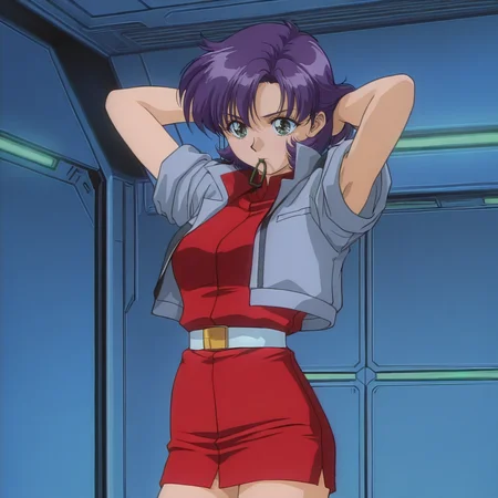 HDA_MasterpieceXLclassic, 1girl, <lora:Hikari_-_Alien_from_Darkness:1> HikariAFD, retro artstyle, 1girl, purple hair, red labcoat, belt, grey jacket, boots,  HDA_AdjustingHairXL, indoors, sci fi spaceship,