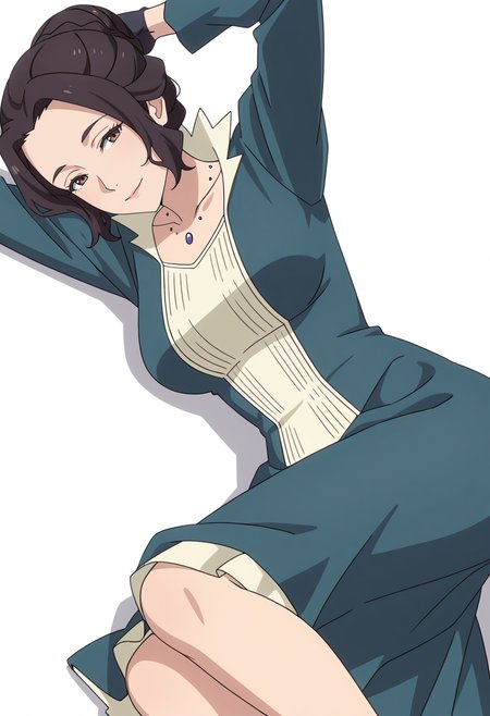 Smooth Quality,masterpiece,very intricate, high quality details, ultra realistic, high detailed skin,detailed enviorement,absurdres,
simple background, white background,
lying on side, one arm supporting head, relaxed legs, soft smile, casual vibe,  ,dutch angle,
 <lora:Blumund_Queen_cnn:0.7>blumundqueencnn,1girl, black hair, hair bun,mature female, 
long sleeves, blue dress, black gloves,jewelry, necklace,