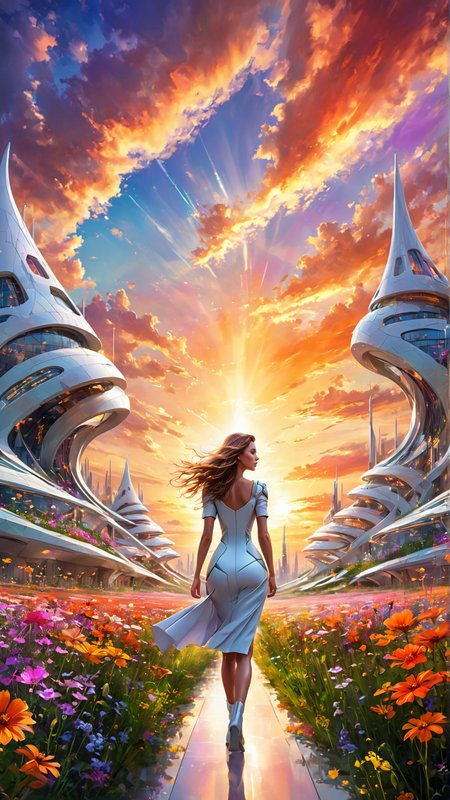 A  woman walking in a vast field of wildflowers, futuristic architecture, dramatic sunset, hyperrealistic futurism style, dynamic composition, vibrant colors, motion blur, sleek and modern, detailed lighting, artistic, geometric shapes, technological elements, high energy, bold and innovative