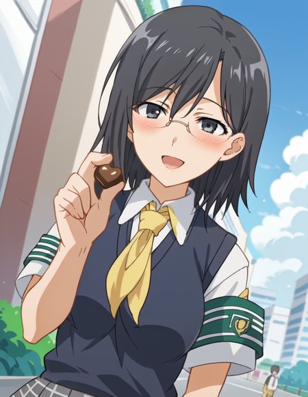 score_9, score_8_up, score_7_up, source_anime, <lora:mii-konori-s1-ponyxl-lora-nochekaiser:1>, mii konori, short hair, black hair, black eyes, glasses, hair between eyes, mature female, anime screencap,, skirt, school uniform, plaid skirt, armband, sweater vest, neckerchief, yellow neckerchief, green armband, pleated skirt,, Buildings, architecture, man made, urban, interior, , <lora:incoming-chocolate-ponyxl-lora-nochekaiser:1> incoming food, chocolate, holding, holding chocolate, holding food, food, looking at viewer, open mouth, blush, smile, school uniform,, looking at viewer, solo,, dutch angle, cowboy shot