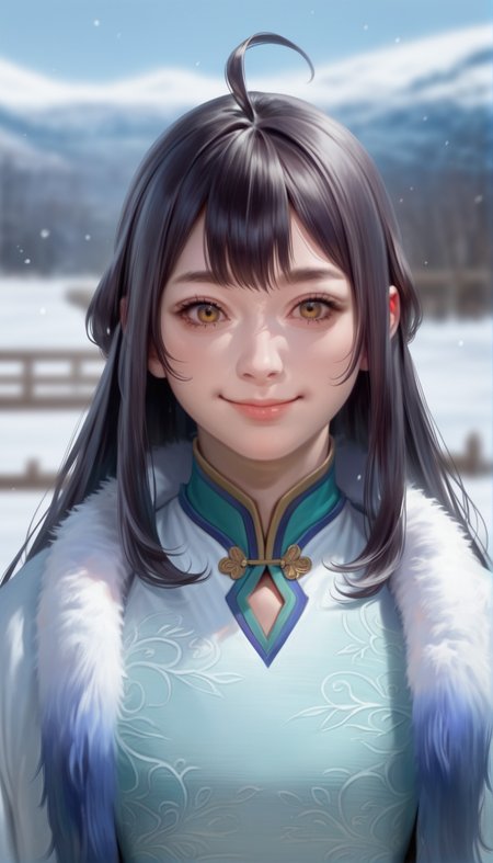 score_9,score_8_up,score_7_up,
<lora:xinxianying:0.9>,
xinxianying,
highres,photorealism,bloom,
1girl,solo,long black hair,bangs,ahoge,
yellow eyes,looking at viewer,smile,
white and cyan gown,fur cape,
upper body,hand on chesst,
blurry background,outdoors,winter,snowfield,light particles,