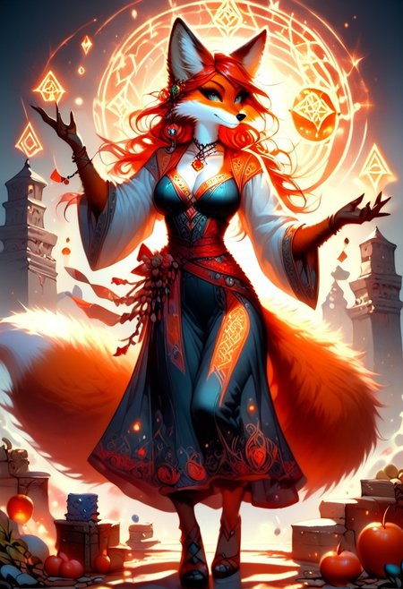 score_9, score_8_up, score_7_up, dancing dynamic pose,large breasts, slim waist, red hair, solo, anthro,fox,female,foxfolk,(red and orange fur, thick fur:1.3, extreamly detailed fur, soft fur), slim waist, peach ass, sorceress, cleavage cut out, magical robes,Glowing runes on robes,bare food, Glowing Runes ,Glowing Rune Circle,  dynamic angle from back, looking back at viewer,full body image,magical athmosphere, realisitc,
