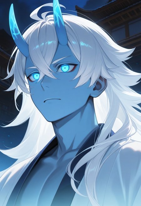 1boy, Hikigaya Hachiman //(Oregairu//) solo, male focus, masterpiece, best quality, black and blue montsuki, japan architecture, white hair, long hair, blue eyes, glowing eyes, oni, blue oni horns, light icy blue skin, smooth anime boy, portrait, fine detail, great composition, dynamic light, atmosphere, vivid colors, detailed, cinematic, strong background, aesthetic, very inspirational, glowing, rich deep color, clear excellent