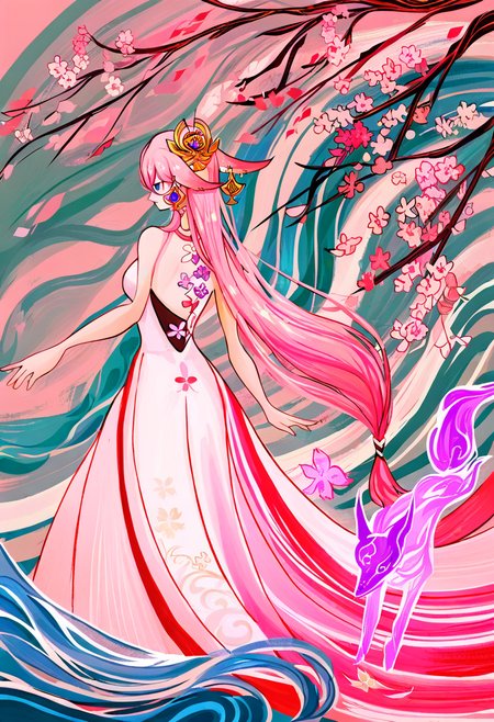 1girl, yae miko, long hair, pink hair, animal ears, dress, solo, fox ears, earrings, very long hair, jewelry, cherry blossoms, flower, hair ornament, backless outfit, low-tied long hair, fox, from behind, backless dress, pink theme, branch, floating hair, floppy ears, waves, breasts, bangs, purple eyes <lora:cqtlatteXL_NBVP1_lokr_V6311P:0.95>