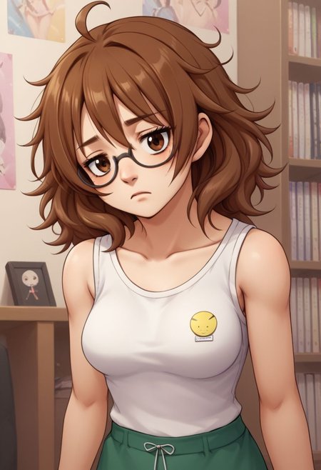 score_9, score_8_up, score_7_up, BREAK, source_anime, ARAKI HINA BROWN HAIR, MEDIUM HAIR, BROWN EYES, MESSY HAIR, BIG HAIR, FLIPPED HAIR, TIRED HAIR, AHOGE, JITOME, MEDIUM BREASTS, j0j0styl3