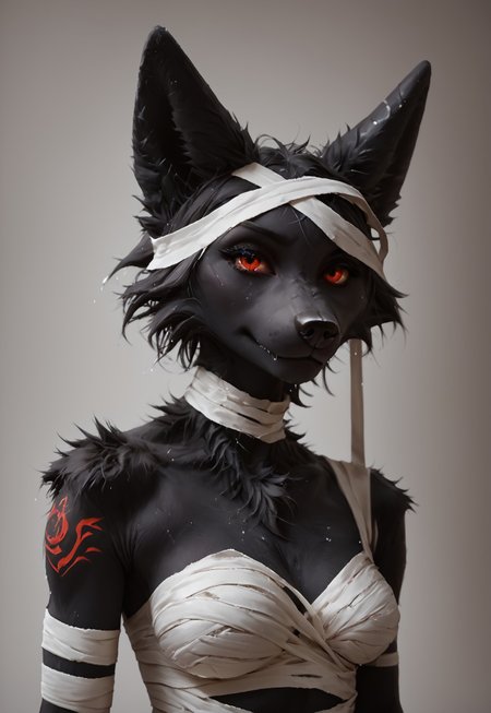 safe_pos, kftenhance,  safe_pos, score_9, score_8_up, score_7_up, upper body shot,  female furry fox,medium breasts,   black skin, black wool, red eyes, mummy costume, gray hair, more bandages, red tattoo on body, wet skin, wet wool<lora:KFT_FSSE_V6.3-000005:0.4>