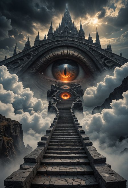depth of field,dark art,fantasy,surrealism,stone steps,sea of clouds,Eye of Sauron at the end,curves,winding,NVIDIA OptiX,