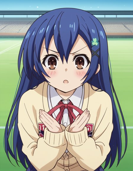 score_9, score_8_up, score_7_up, source_anime, <lora:shiori-itsuka-s2-ponyxl-lora-nochekaiser:1>, shiori itsuka, long hair, hair ornament, brown eyes, blue hair, hairclip, otoko no ko,, skirt, ribbon, school uniform, pleated skirt, cardigan, blue skirt, yellow cardigan,, stadium, seats, field, game, large, , <lora:x-arms-ponyxl-lora-nochekaiser:1>, x arms, blush, open mouth, leaning forward,, looking at viewer, solo,, dutch angle, cowboy shot