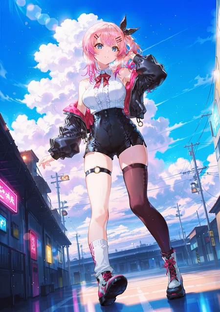 zPDXL3 Real score_9, score_8_up, score_7_up, score_6_up source_anime, highly detailed, sharp, intricate details, rating_safe rating_sensitive, rating_explicit, masterpiece, best quality, good quality, bright eyes light particles lens flare amazing quality, very aesthetic, very awa, absurdres, newest,
<lora:yoneyamaiXLNBVP1lokrV6311PZ:0.5>, <lora:Leiq StyleV2 for IL:0.5>
<lora:nhl-001:0.4> nhl-001 film grain multicolored background  <lora:ponyv4_noob1_2_adamW:0.4>
medium breasts, dynamic pose, dynamic angle,
optical illusion, ssambatea, quasarcake, Fishine, arutera, soresaki, reoen, sanbonzakura, askzy, negative space, see-through, made of, neon light, detailed background,
outdoors, cloud, sky, blue sky, fantasy scenery, day, blue theme, cloudy sky,
niji-meruto,large breasts,blue eyes,pink hair,gradient hair,side ponytail,single side ponytail,hairclip,hair ribbon,black ribbon,polka dots ribbon,
niji-merutocos1,white shirt,center frills,sleeveless,bare shoulder,red ribbon-tie,black shorts,high waist shorts,short shorts,o-ring thigh strap,thigh strap,layered legwear,uneven legwear,single socks,
merutocos1-jacket,black jacket,open jacket,long sleeves,puffy sleeves,long puffy sleeves,
 <lora:niji-meruto:0.7>