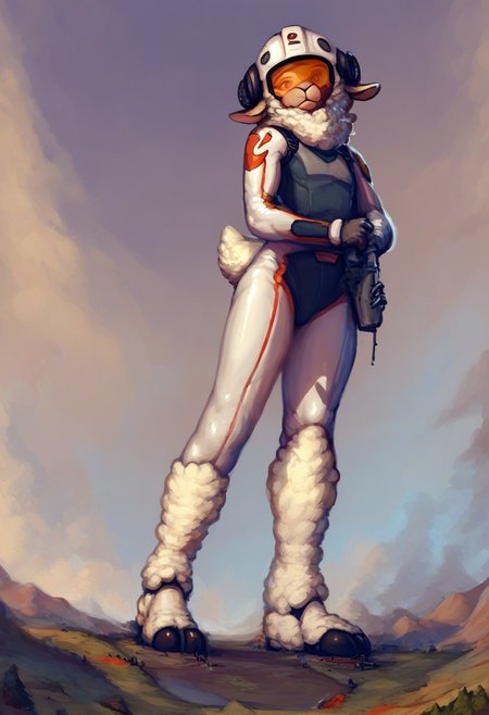 score_9, score_8_up, score_7_up, score_6_up, (source_furry), sheep, anthro, female, macro, giga, micro, androgynus, continent with micro cities, landscape dwarfing, a hvyflamer weapon, flamer, full body white fireproof suit, helmet, tinted visor, (long sheep tail), scifi suit, by nommz