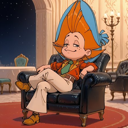 <lora:Neznajka:1>, (rich colors:1.3), <lora:aidmaMJ6.1_v0.5_IL:0.8> <lora:princess_xl_v2:0.7>, blue hat, Neznajka, jacket, 1boy, necktie, solo,  belt, smug, beige wide pants, sitting, cartoon, lazy, chair, sits with legs crossed, black sofa, luxurious background, palace