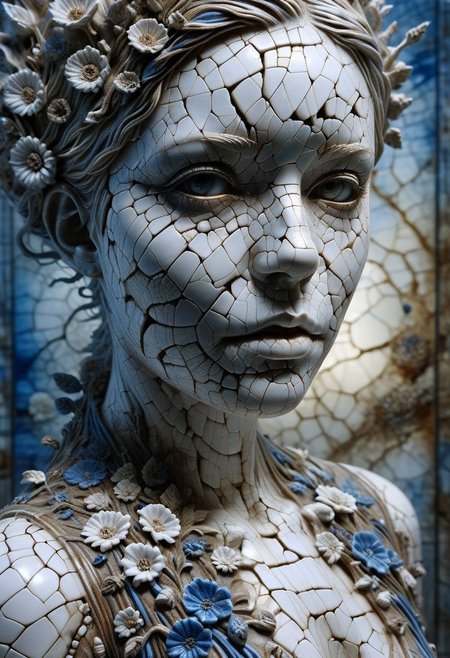 Close-up porcelain face, mysterious silhouette of a porcelain woman in worn down porcelain clothing, white and blue porcelain, alluring goddess, by Minjae Lee, Carne Griffiths, Emily Kell, Steve McCurry, Geoffroy Thoorens, Aaron Horkey, Jordan Grimmer, Greg Rutkowski, amazing depth, double exposure, surreal, geometric patterns, intricately detailed, bokeh,  perfect balanced, deep fine borders, artistic photorealism , smooth,  great masterwork by Suiras  <lora:add-detail-xl:2>  <lora:Double_Exposure:0.5>