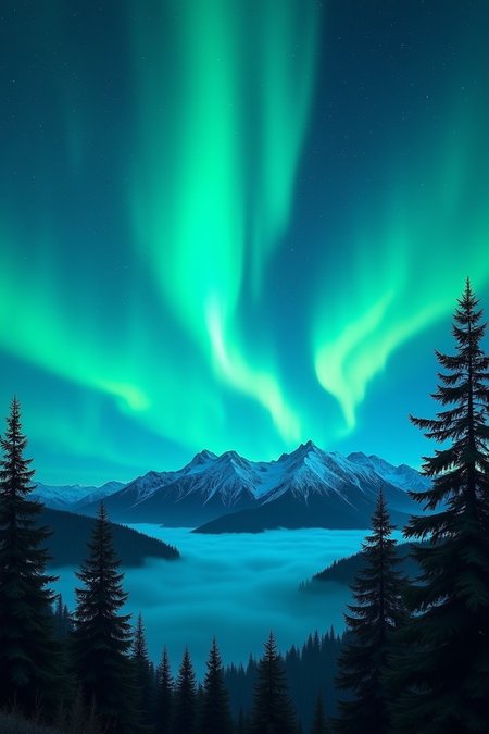 The image depicts a breathtaking night scene featuring the Northern Lights, also known as the Aurora Borealis. The sky is illuminated with vibrant green and blue hues of the aurora, creating a stunning display against the backdrop of countless stars.
In the foreground, there are dark silhouettes of coniferous trees that add depth to the landscape. Below the trees, layers of mountains can be seen, some partially covered in snow. A mist or fog blankets the lower elevations, enhancing the mystical atmosphere of the scene.
Overall, the image captures the serene beauty of nature at its most enchanting moment under the celestial light show of the Northern Lights.