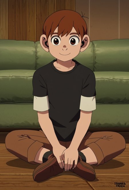 chilchuck_tall, chilchuck_tims, brown hair, brown eyes, solo, at living room, sit on crotch, playing console game, happy expression, wear shirt with teddy bear logo, easynegative, ng_deepnegative_v1_75t, negative_hand