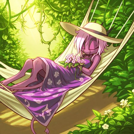 score_9, score_8_up, score_7_up,namah_calah,
1girl,solo,furry,tail, source_furry,horns,
 ,<lora:namah_calah_illustrious:0.8>,
child, kid, 
flower_hammock, floral_blanket, sunhat, serene_expression, garden_background, soft_lighting, blooming_vines, dreamy_vibes, lazy_afternoonm napping in a hammock woven with flowers, her hat tipped over her eyes. Blooms cascade around her as sunlight filters through leaves.