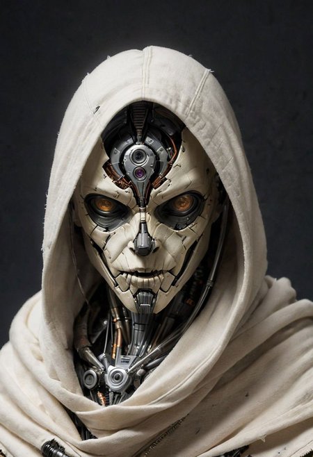 robot with hooded and Large wide linen hood Repair guitar. the scene of a used and dirty detailed sci-fi looking hooded dystopien cyborg draped in a thick dirty white linen cloak. detailed dirty used look, Its face remains concealed, and the cloak over its head is made of coarse, thick, dirty, torn and worn white linen fabric. It exudes a silent presence, as the surroundings are permeated with a blend of solitude and tender moments of affection. cables, wires, very detailed, atmospheric haze, dimmed light