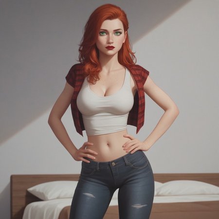 8k resolution,score_9, score_8_up, score_7_up, Expressiveh, single a sexy redhead hair green eyes woman, bright red lipstick, big perfect breasts, perfect face, long and slender body, long legs, detailed eyes, semi realistic, freckles, long hair, bedroom, red plaid shirt, white tank top under red plaid shirt , black jeans, cleavage, hands on hips, five fingers on hand