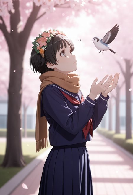 masterpiece,best quality,absurdres,highres,very aesthetic,high quality,detailed,insanely detailed,beautiful,perfect lighting, ,depth of field,blurry background,bokeh, , 
 <lora:Uiharu Kazari:1> 1girl, short hair, black hair, brown eyes, head wreath, sakugawa school uniform, winter uniform, blue serafuku ,red neckerchief blue sailor collar, blue skirt, blue shirt, long sleeves, long skirt
bird, , blurry, blurry background, cherry blossoms, long-tailed tit, looking up,, scarf, solo, tit