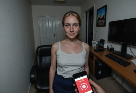 masterpiece, best quality, amazing quality, very aesthetic, absurdres, newest, 
Hypno_App_POV, 35 year old American woman,, solo, smartphone, mind control, blonde hair, very long red hair, high ponytail, blue eyes, looking at viewer,  indoors, window, pencil skirt, white shirt, clothes pull, sleeveless, collarbone, indoors, office, cubicles, computers,
,pov,
addmicrodetails, outdoors, urban setting, dynamic lighting, glossy_skin, skin_detail, realistic_textures