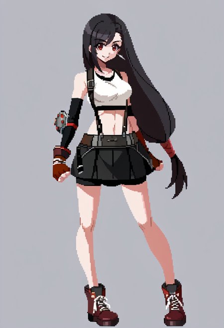 score_9, score_8_up, score_7_up, source_anime, BREAK, solo, 1girl, smile, looking at viewer,  <lora:Under-Night-In-Birth-SpritesV2-pdxl_Fp:1>, simple background, full body, standing, <lora:tifa-pdxl-nvwls-v1:1>, defTif, red eyes, black hair, low-tied long hair, earrings, white sports bra, black suspenders, black miniskirt, arm warmers, black elbow gloves, elbow pads, red gloves, red footwear,