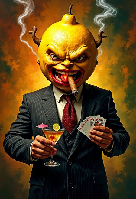 Surreal portrait of a man, but his head is a large, textured lemon with an exaggerated, wide, angry mouth. He’s biting down on a thick, smoldering cigar, the tip glowing fiercely with red and orange embers, casting an ominous light on his lemony skin. Smoke curls dramatically around him, forming abstract shapes in the air. His suit is a sharp pinstripe, but his tie is comically skewed. In one hand, he’s holding a martini glass with a tiny umbrella and a wedge of lime, and in the other, a deck of playing cards mid-shuffle. The background is a vibrant swirl of oranges, yellows, and greens, adding to the absurd, chaotic energy.