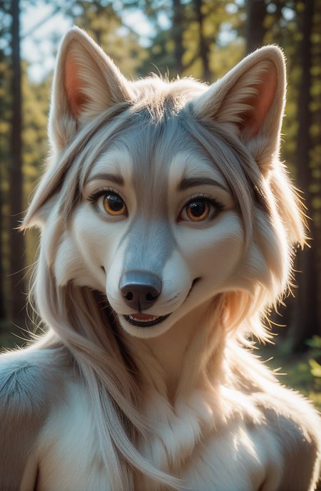 score_9, score_8_up, score_7_up, Wolf, 1girl, Smile, forest, cozy, cute, 8k, hd, photo
