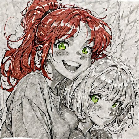 easynegative, NegfeetV2, ng_deepnegative_v1_75t, doubledeestyle, graphite (medium), pencil sketch, greyscale, colored accents, monochrome, traditional style, cross-hatching, soft shading, stylized anatomy, soft grain texture, head to chest shot, portrait, young woman, wolf cut hair, red hair, ponytail along shoulder, green eyes, round eyes, blush marks, big smile, looking at camera