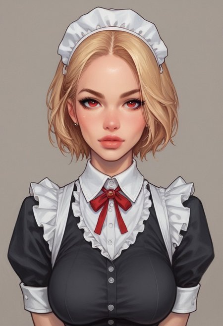 from front, (((front view))), 1girl, illustration, comic style, looking at viewer, highly detailed,
RosieTJ, 1girl, robot girl, metal body, red eyes, red buttons, wheels, white maid cap, white collar, white cuffs, white hip apron, black skirt, female
((full-clothed)), 
BREAK 
dynamic pose <lora:Cherry-Gig:0.55> ((((full-clothed)))), 
BREAK
((rest room background))) score_9, score_8_up, score_7_up, score_6_up, source_cartoon, rating_explicit, Expressiveh, (((((upper body))))), dynamic pose