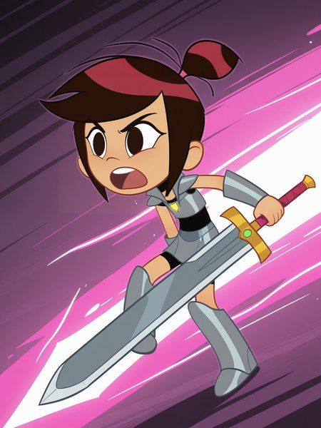 <lora:Molly_McGeeIL:0.8> 1girl, m_m, almond-shaped dark brown eyes, straight dark brown hair, small high ponytail,pink hair tie, 
gigantic sword, steel armor,glowing liens, action, full body, glowing background