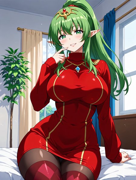 score_9, score_8_up, score_7_up, source_anime,  
<lora:Mahou_Jouka_Shoujo_Utea_Hentai_Style:0.7>, UteaStyle,
BREAK
1girl, solo, <lora:tiki-adult-take3-pdxl:0.75>, mltikrnd, green hair, green eyes, long hair, pointy ears, ponytail, tiara,
BREAK
<lora:0965 Home wear 12_v1_pony:0.775>, ruanyi0965,red dress,short dress,black pantyhose,argyle legwear,turtleneck,dress lift,bottomless,long sleeves, , bedroom, window, 
BREAK
(huge breasts), wide hips, thick thighs, smile, blush, looking at viewer